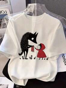 Short-Sleeved T-Shirt With Cartoon Print, White Summer - White - View 4
