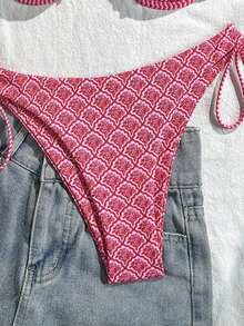 Conjunto de 2 piezas de traje de baño para mujer con Top tipo camiseta sin aros y Bottom con cordones laterales, estampado aleatorio, para playa y vacaciones de verano - Rojo - Ver 4