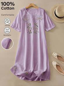 Women's Casual And Elegant Summer Midi Maxi Dress With A Vintage Bohemian Style, Short Sleeves, V-Neck, Embroidery And Buttons, Flared Cut In White - 紫色 - 查看 2