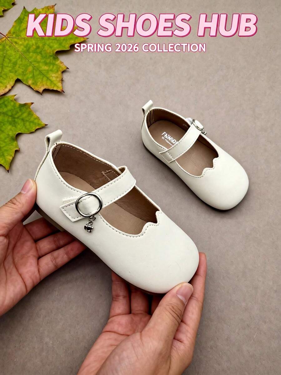 Mary Jane Shoes, Crystal Decoration, Faux Pearl Bow, Soft Material, Adjustable Strap, Flat Shoes, Non-Slip Design, School Shoes, Daily Casual, Party Princess Style, Toddler Girls, Children's Dress Shoes - Beige - View 1