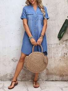 Vestido casual de mezclilla de mujer con cuello en V y abotonadura sencilla, de manga corta - Azul - Ver 7