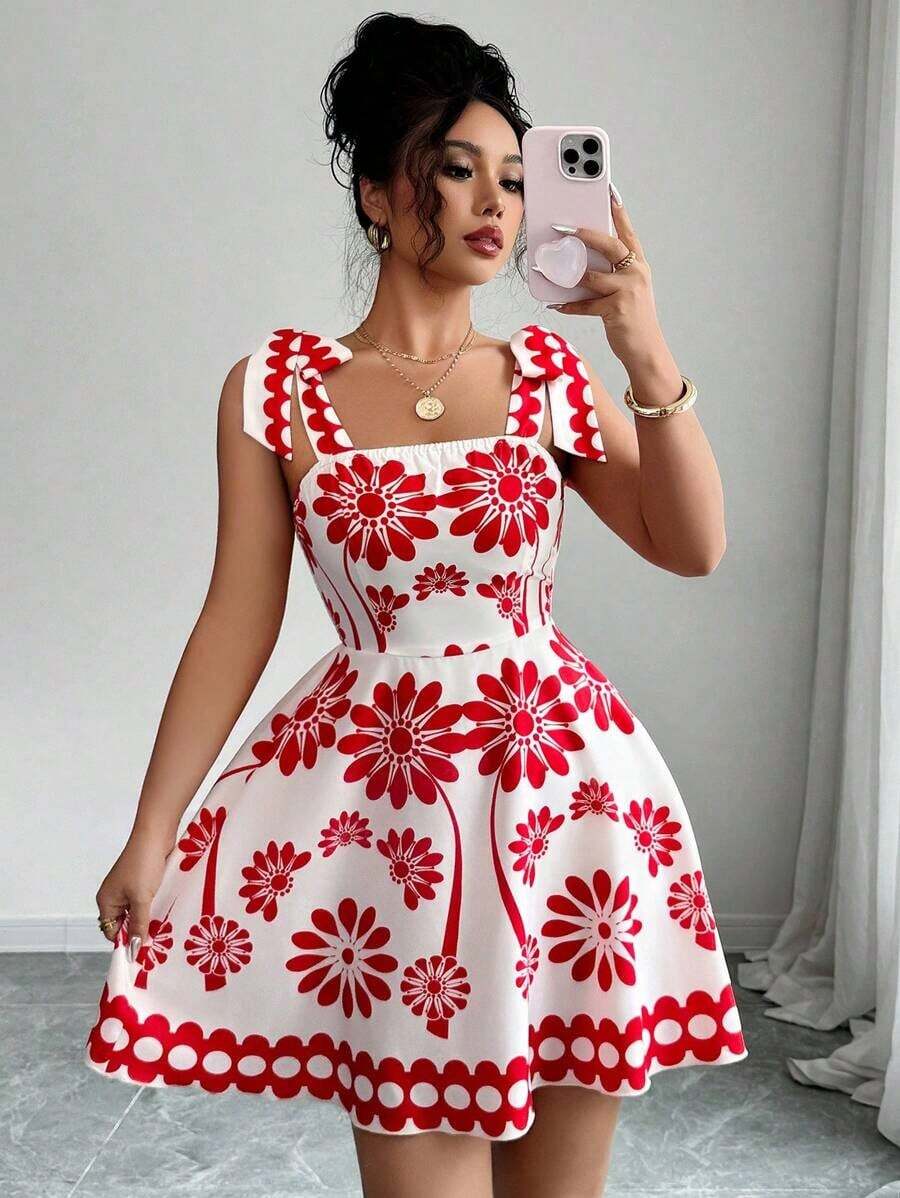Vestido de tirantes sin mangas con estampado floral, diseño de corbata, que ceñe la cintura, para mujer, nueva moda casual para primavera/verano - Multicolor - Ver 1