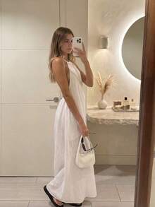 Vestido de línea A con tirantes finos y cordones de encaje elegante blanco de tela de lino para mujer - Blanco - Ver 3