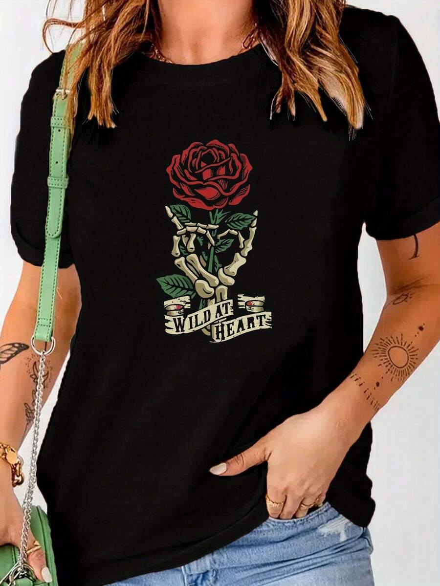 Camiseta Estampada 100% Algodón para Mujer, Top de Manga Corta con Cuello Redondo para Primavera/Verano, Camiseta Cómoda con Diseño de Rosa Esqueleto para Mujer - Negro - Ver 1