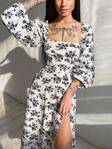 Spring 2026 Maxi Dress, Printed With Open Back, Slit And Adjustable Ties - White - View 2
