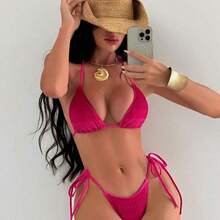 Swim  4pcs Women's New Sexy Bikini Set: Spaghetti Strap Backless Top, Side Tie Shirt, Side Tie Shorts, And Sexy Side Tie Skirt For Summer Beach Vacation - Azul - Ver 4