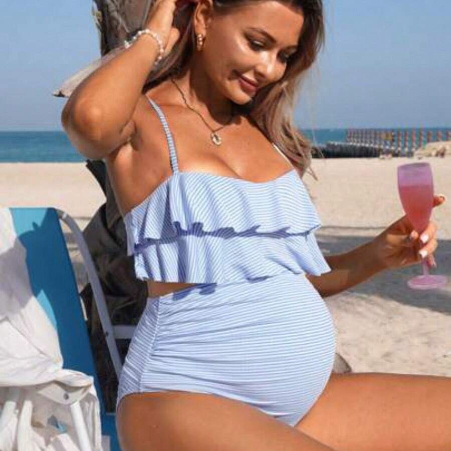 Momance 2pcs/Set Maternity Spaghetti Strap Striped Ruffled Bikini Top And Bottoms For Summer Beach Vacation - Azul y blanco - Ver 1
