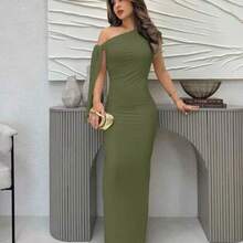 Women Solid White Asymmetrical Shoulder Tie Pleat Slit Elegant Graduation Dress,Summer Dresses For Women,White Graduation Dress - Verde militar - Ver 1