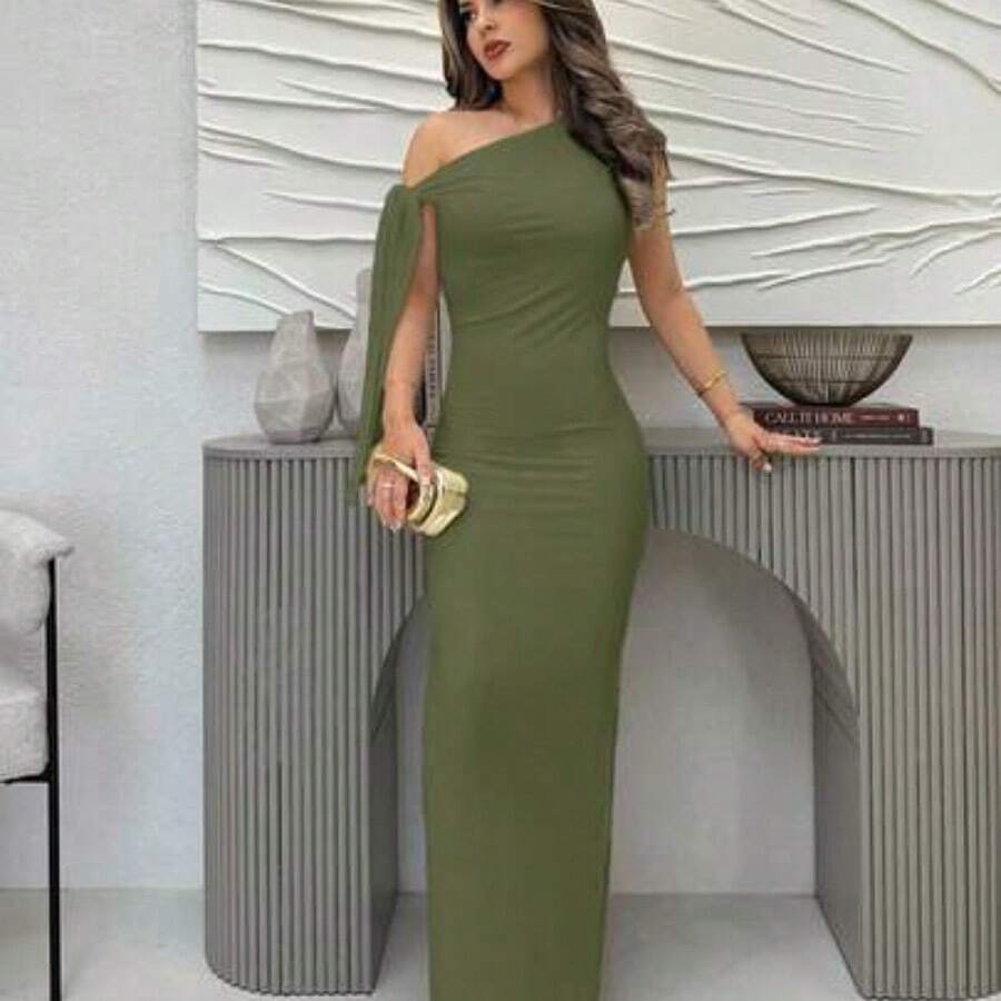 Women Solid White Asymmetrical Shoulder Tie Pleat Slit Elegant Graduation Dress,Summer Dresses For Women,White Graduation Dress - Verde militar - Ver 1