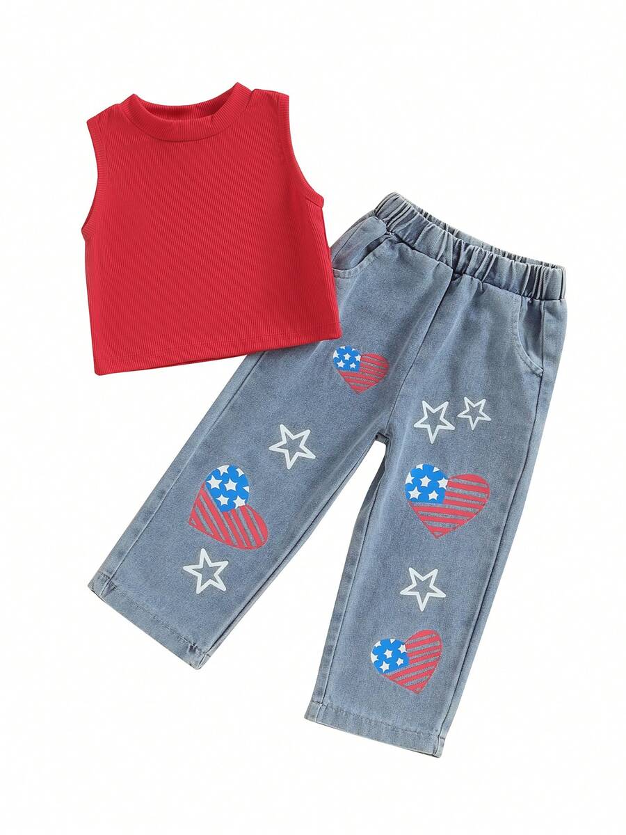 Toddler Girls 4th Of July Outfits Ribbed Sleeveless Tank Tops And Heart Print Elastic Jeans Set Baby Summer Clothes - Red - View 1