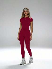 Conjunto de yoga para mujer, pantalones deportivos de cintura alta, conjunto deportivo moldeador de 2 piezas, conjunto de yoga con control de abdomen, camiseta de cuello redondo ajustada emparejada con pantalones de yoga de cintura alta, conjunto esen - Rojo - Ver 4