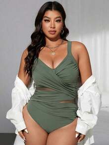 Swim  Traje de baño de una pieza de corte slim, con parches de malla de dos tonos y cruzados, para mujer de talla grande.Ideal para el verano y las vacaciones en la playa. - Verde militar - Ver 6