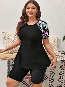 Swim Lushoire Conjunto de camiseta y shorts rashguard con estampado tropical de talla grande, adecuado para vacaciones de playa en verano - Multicolor - Ver 5
