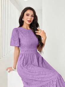 Vestido midi de mujer con cuello redondo, mangas con volantes, bordado y dobladillo con volantes - Morado - Ver 5