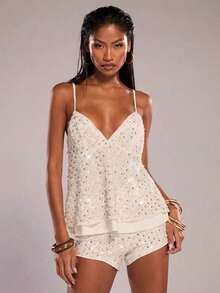 Camiseta de mujer con decoración de lentejuelas - Blanco 3 - Ver 5