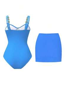 Swim Oasis 1 pieza Traje de baño de una sola pieza casual de vacaciones con decoración de pentágono lindo para mujer - Niebla azul - Ver 2