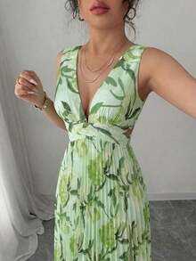 Vestido elegante y romántico para mujer con escote en V sin mangas, cintura hueca, plisado en línea A y estampado floral - Multicolor 8 - Ver 6