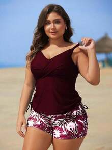 Swim Lushoire Set de 2 piezas de tankini con estampado floral para mujeres de talla grande - Burdeos - Ver 1