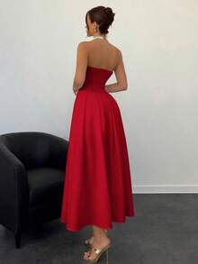 Vestido elegante y sexy para fiesta con escote profundo en V, vestido tubo rojo con fruncido en el bajo, color marfil.Nuevo para otoño/invierno. - Rojo - Ver 2
