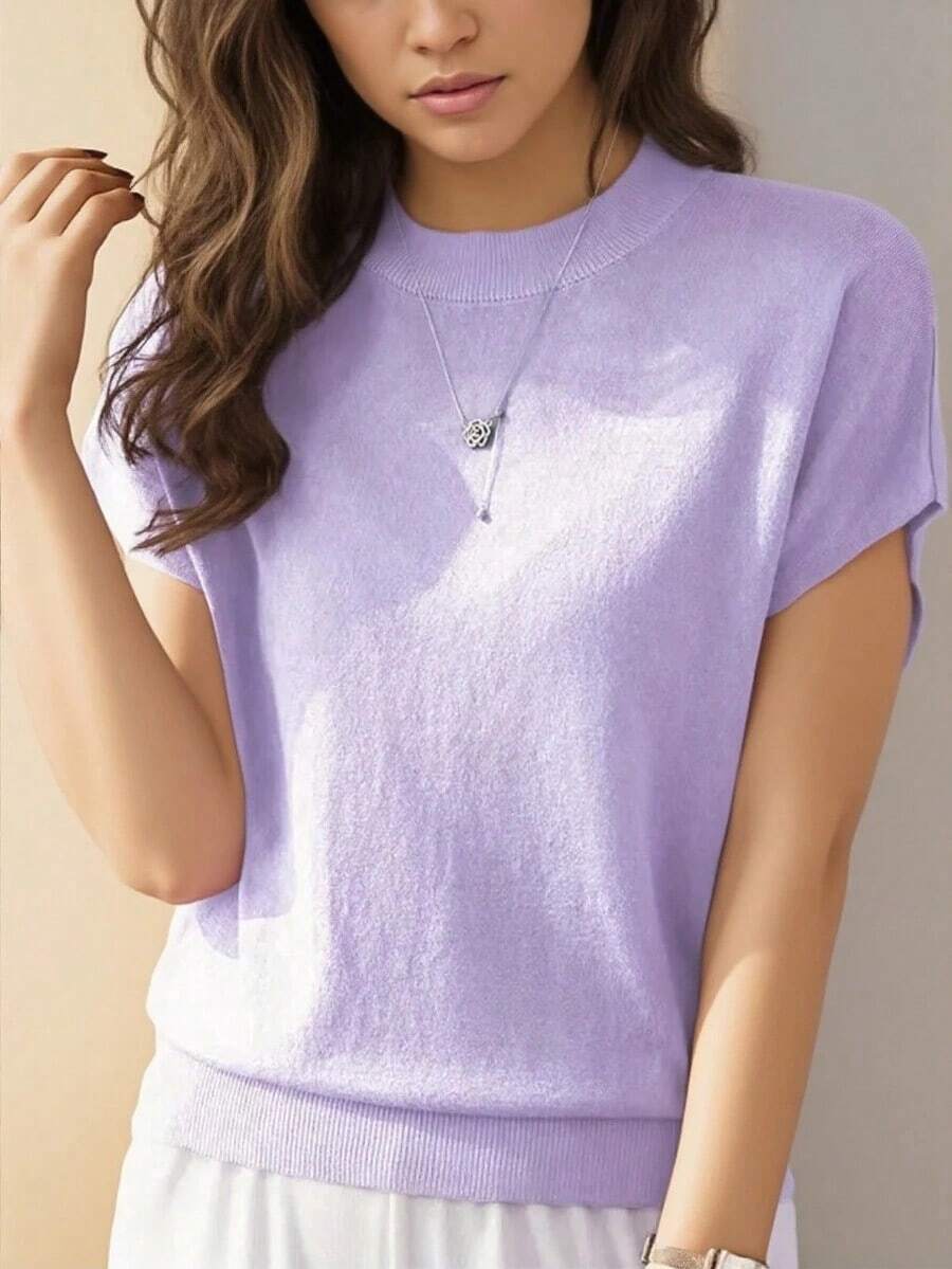 Camiseta holgada de manga corta para mujer, top de punto sin mangas distintivo, capa base de unicolor para el verano - Púrpura malva - Ver 1
