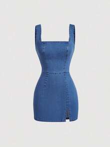 MOD Vestido de mezclilla de Body con cuello cuadrado y abertura, para moda de verano de mujeres - Azul lavado medio - Ver 5