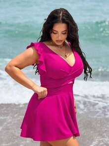 Swim Lushoire Conjunto de tankini de 2 piezas de talla grande para mujer, de unicolor elegante con lazo en la cintura y plisado, favorecedora y casual para vacaciones de verano - Rosa Fucsia - View 3