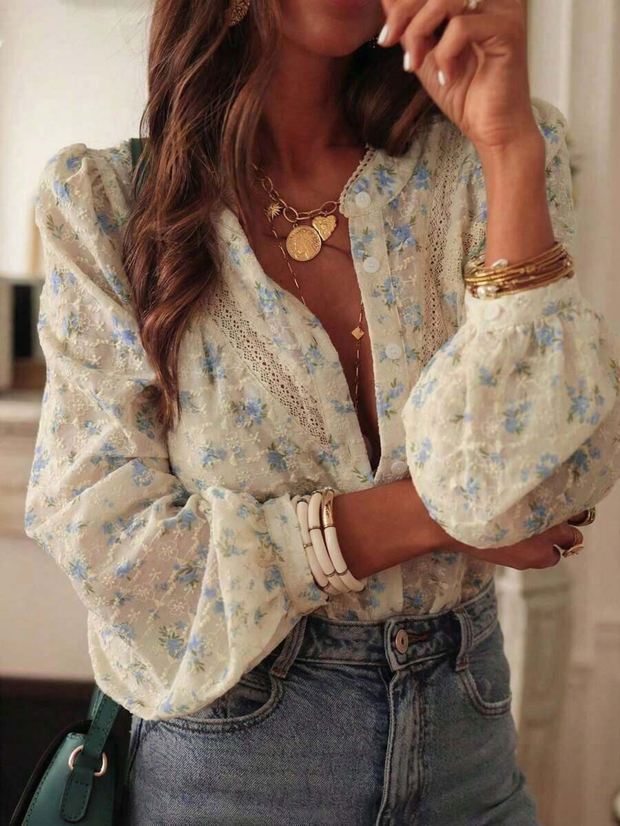 ii Blusa de encaje y estampado con parches, elegante y casual para vacaciones - Azul - Ver 1