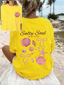 Women's Plus Size Pink "Salty Soul" Graphic Short Sleeve T-Shirt, Casual Stretch Summer Vacation Top - 黃色 - 查看 5