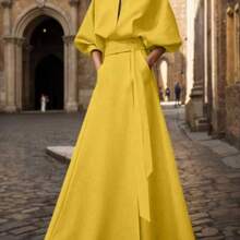 2026 Spring/Autumn New Fashion Batwing Sleeve V-Neck Tie-Waist Asymmetrical A-Line Split Skirt, Women's Spring/Summer New Long Skirt, Women's Summer Set, Loose Fit, Tie-Waist Design, Suitable For All Sizes, Multifunctional Minimalist Design With Pockets Elegant - Amarillo - Ver 1