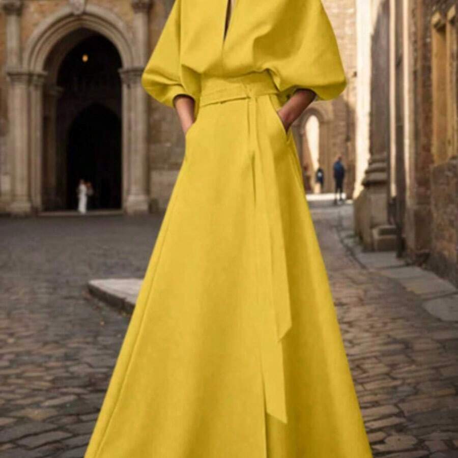2026 Spring/Autumn New Fashion Batwing Sleeve V-Neck Tie-Waist Asymmetrical A-Line Split Skirt, Women's Spring/Summer New Long Skirt, Women's Summer Set, Loose Fit, Tie-Waist Design, Suitable For All Sizes, Multifunctional Minimalist Design With Pockets Elegant - Amarillo - Ver 1