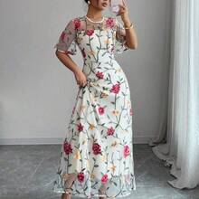 Elenzya Mesh Embroidered Floral Leaf Print Short Sleeve Elegant Casual Zip-Up Long Dress For Women - Multicolor - Ver 4