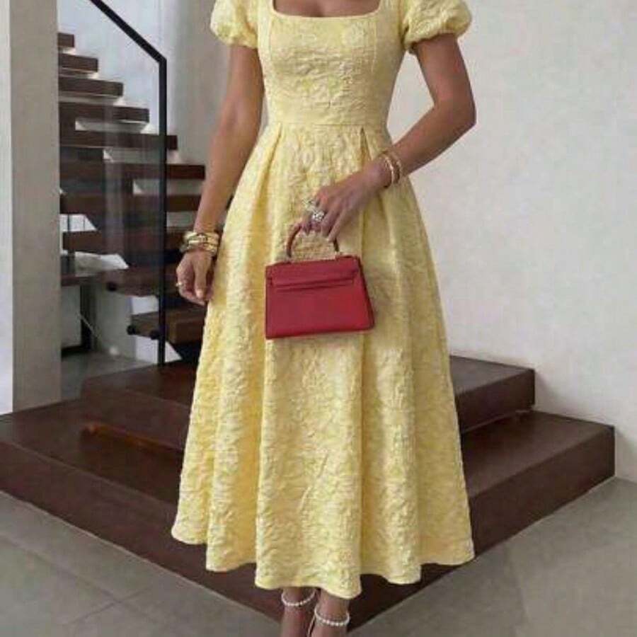 Women's Spring/Summer Elegant Square Neck Petal Sleeve Floral Textured Waist Cinched Flare Hem Midi Dress, Suitable For Vacation, Wedding, Party - Amarillo - Ver 1