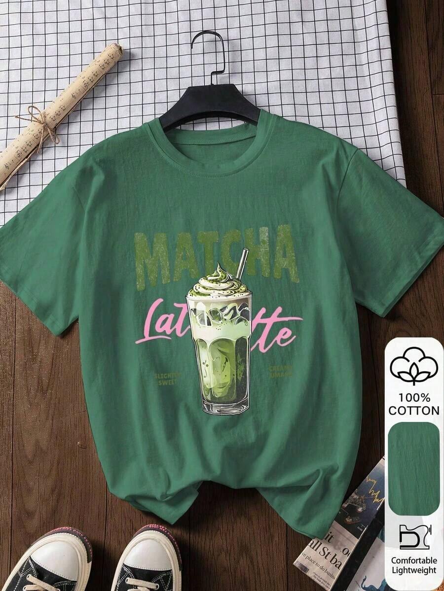 Casual Short-Sleeve T-Shirt In 100% Cotton With Matcha Print, Graphic Tee, Outerwear, Printed Print, Summer T-Shirt, Women's T-Shirt, Summer Blouse, Vacation Outfit, Beach Style, Minimalist Resort Wear - 綠色的 - 查看 1