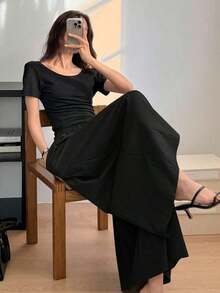 Pantalones anchos y cortos de unicolor elegantes y holgados para mujer, adecuados para el verano y el otoño - Albaricoque - Ver 10