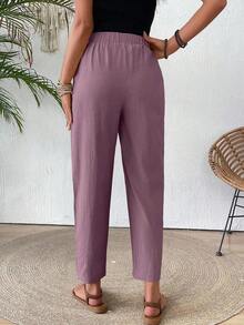 LUMIGAL Pantalones casuales sueltos de cintura elástica para mujer con forma cónica y bolsillos de unicolor - Rojo violeta - Ver 2