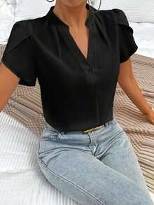 Blusa de trabajo con cuello en pico y mangas de pétalo de color blanco para mujer, blusas de manga corta - Negro - Ver 5