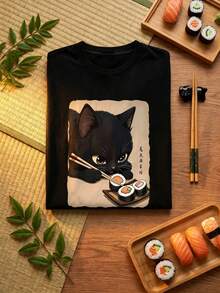 Women's Clothing, Fun Japanese Style With Black Cat Eating Sushi Print, Korean Version, Comfortable And Versatile Retro Fashion For Daily Travel, Y2k Women's Clothing. Short-Sleeved, Round-Neck, Fitted, Black, Niche Punk Style, From The Washed Retro Series, Comfortable, Made Of Pure Cotton, Which Allows You To Easily Create Retro Casual Clothes, Suitable For Daily Commute, Casual Outings, Daily Use, Classic Retro Clothing For Women. - 黑色 - 查看 4