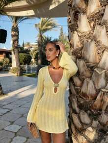 Vestido de manga larga de punto para mujer, estilo de vacaciones en la playa - albaricoque profundo - Ver 3
