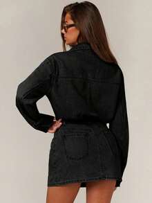 Denim Vestido de mezclilla casual de mujer de manga larga con bolsillo y abotonadura sencilla - Negro - Ver 2