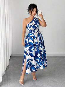 Vestido elegante de mujer de talla grande con estampado floral azul y blanco, elegante y chic para fiestas, graduaciones, vacaciones, festivales, citas, bodas y salidas - Azul y blanco - Ver 6