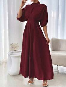xheRafferiza Vestido largo elegante para mujer con cuello redondo, manga farol, cintura plisada y unicolor holgadoxhe - Burdeos - Ver 5