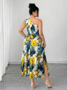 Vestido elegante de mujer de talla grande con estampado floral azul y blanco, elegante y chic para fiestas, graduaciones, vacaciones, festivales, citas, bodas y salidas - Blanco - Ver 2