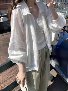 Korean Style Versatile Sheer Zipper Front Loose Fit Sun Protection Shirt White - White - View 4