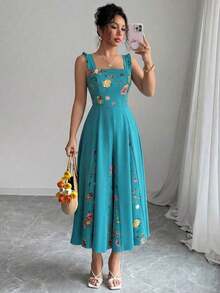 Vestido de línea A con estampado de patchwork en la cintura para mujer, elegante para vacaciones, viajes y uso diario, sin mangas - Agua verde azul - Ver 3