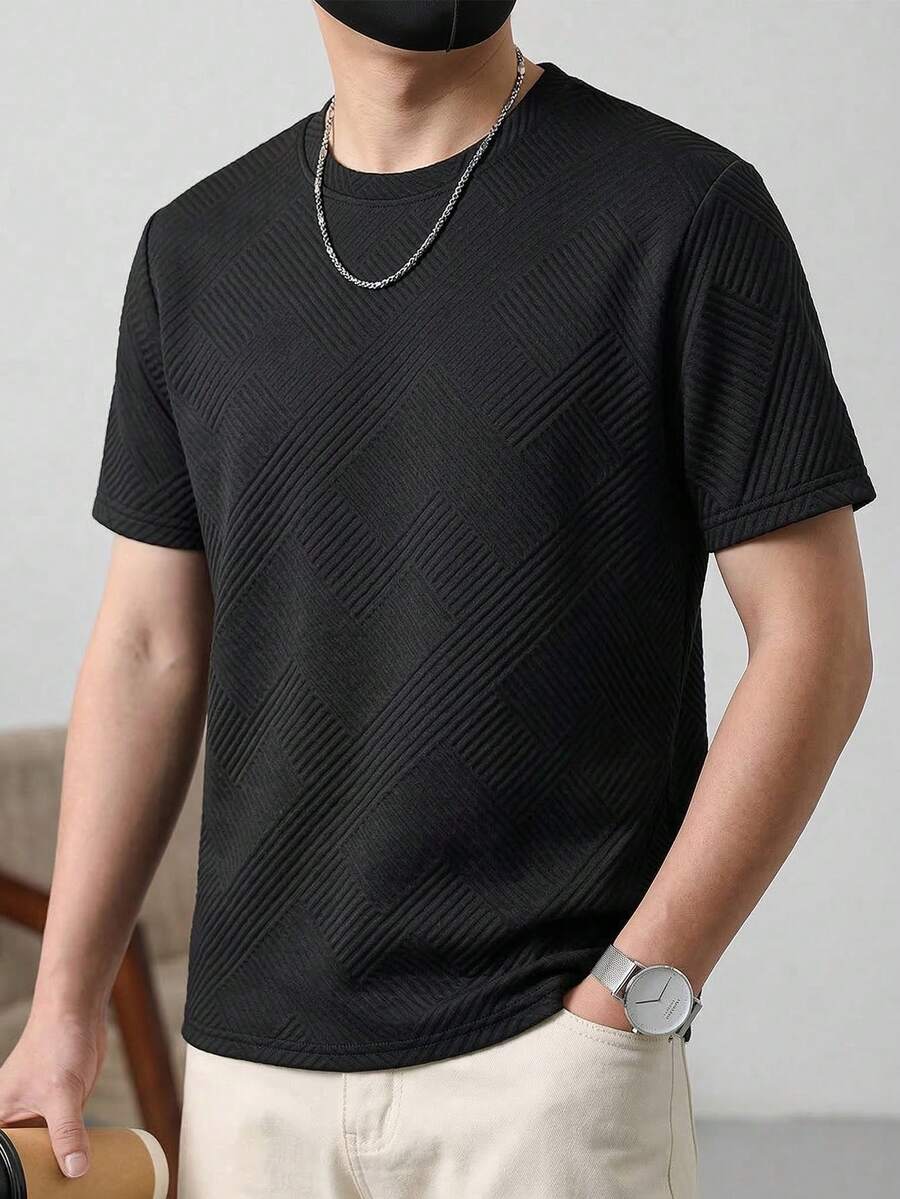 男士复古美式黑色纹理短袖T恤,夏季3D菱形提花宽松圆领休闲街头风上衣 - 黑色 - 查看 1