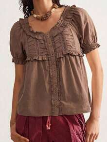 Blusa holgada de manga corta de unicolor tejida de estilo casual para mujer - Café integral - Ver 3