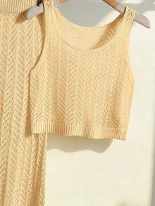 Conjunto de dos piezas de vestido maxi de punto hueco de unicolor vintage elegante para mujer, conjunto casual para ciudad, vacaciones y playa en verano - Amarillo claro - Ver 6