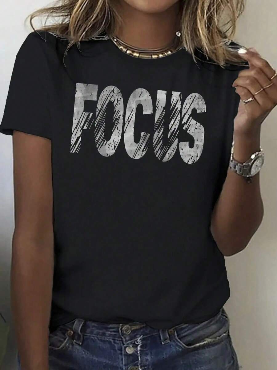 Camiseta Casual Negra para Mujer con Estampado Llamativo de la Letra "FOCUS" en Blanco - Manga Corta, Cuello Redondo, Transpirable y Lavable a M£quina, Top para el D￭a a D￭a en Todas las Estaciones, Ideales para Outfits de Primavera Verano, Regalos Festivos, Camiseta con Estilo para Mejorar el Enfoque