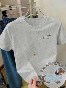 Camiseta de mujer de manga corta y cuello redondo con bordado casual de perro salchicha, versátilPure-Cotton - Rojo - Ver 6