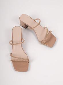 Rhinestone Thick Heel Mules, Featuring Backless Mule Sandal Style, Highlighting Rhinestone Decor And Square Toe Thick Heel Design, Popular For Summer Party And Date Occasions - Champagne - View 6